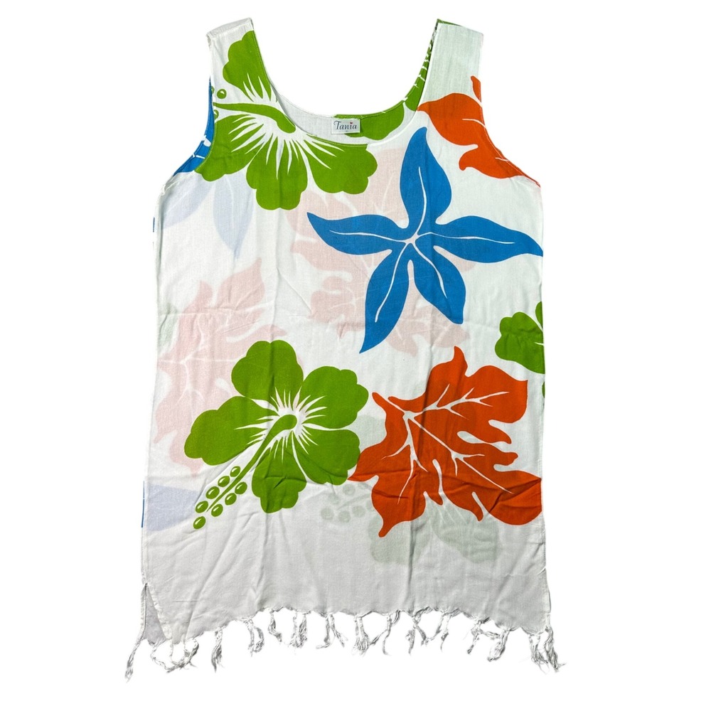Tania Tropical Hibiscus‎ Floral Fringe Cotton Beach Cover Up Dress Size 11 White